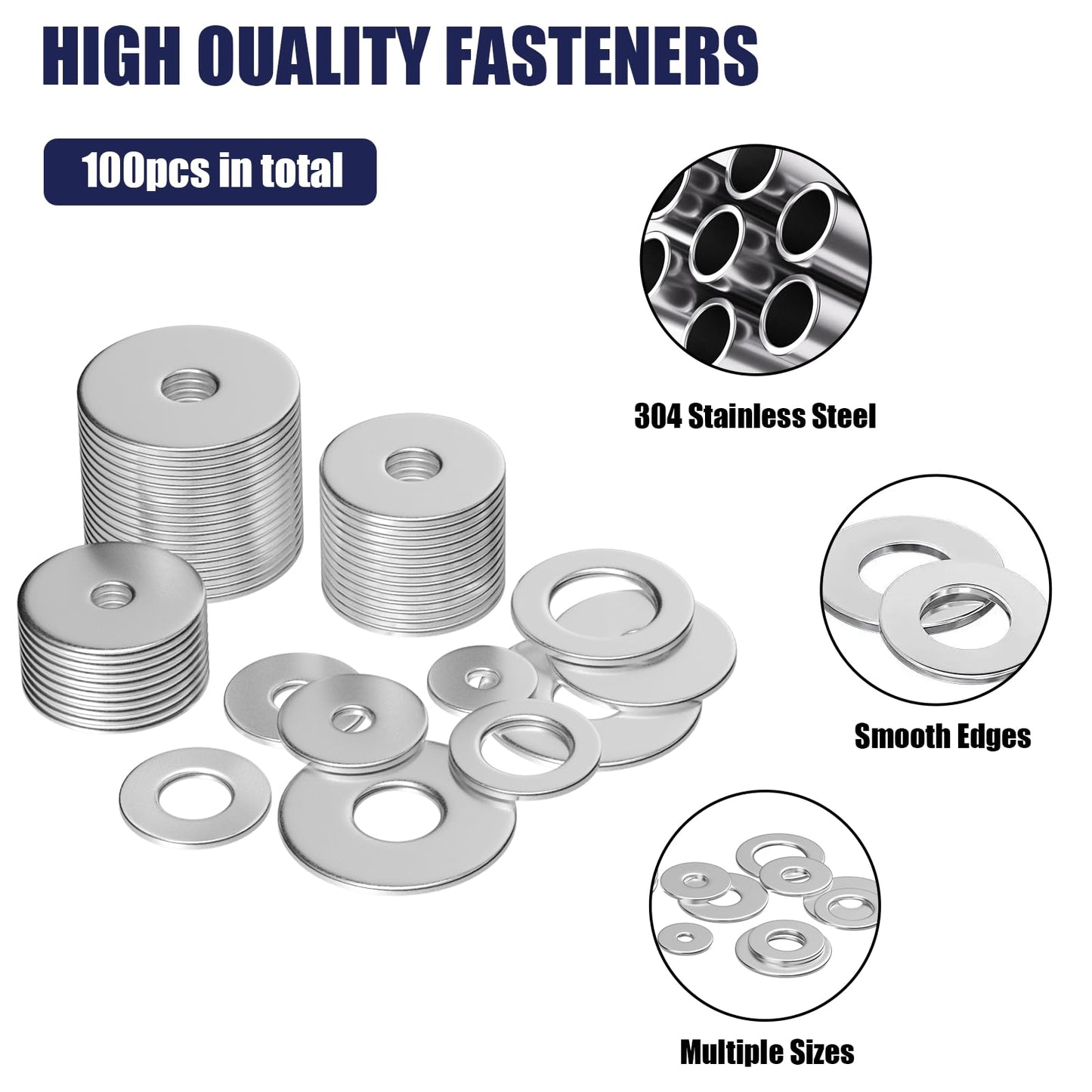 WEGOUP 18-8(304) Stainless Steel Metal Flat Washers for Screws and Bolts, 100 Pieces Assorted Washers Kit (12 Sizes M3-M12), Large and Small Hardware