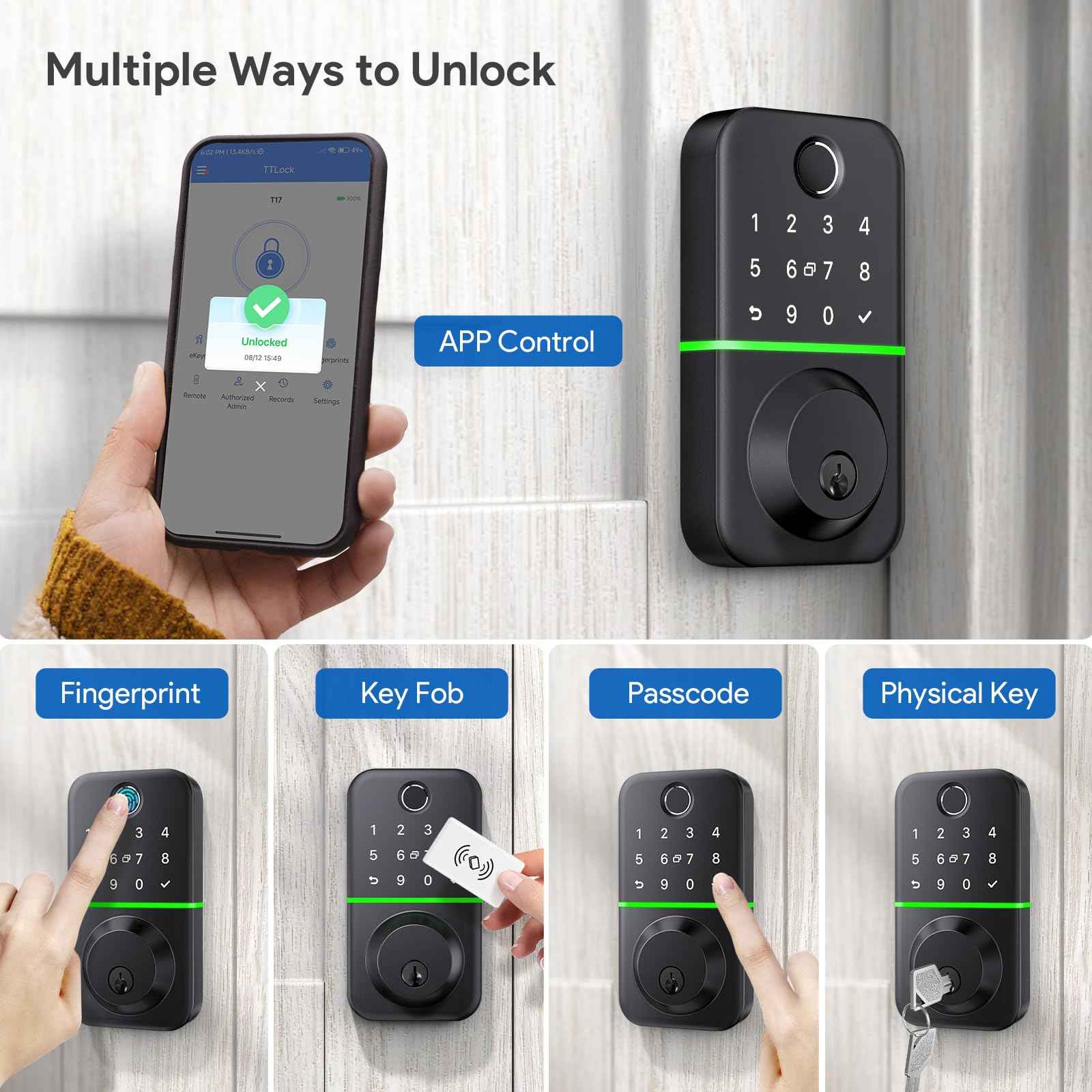 Smart Door Lock Deadbolt with Keypad: Keyless Entry Door Lock - Fingerprint Lock for Front Door - Electronic Lock with Bluetooth and APP Control