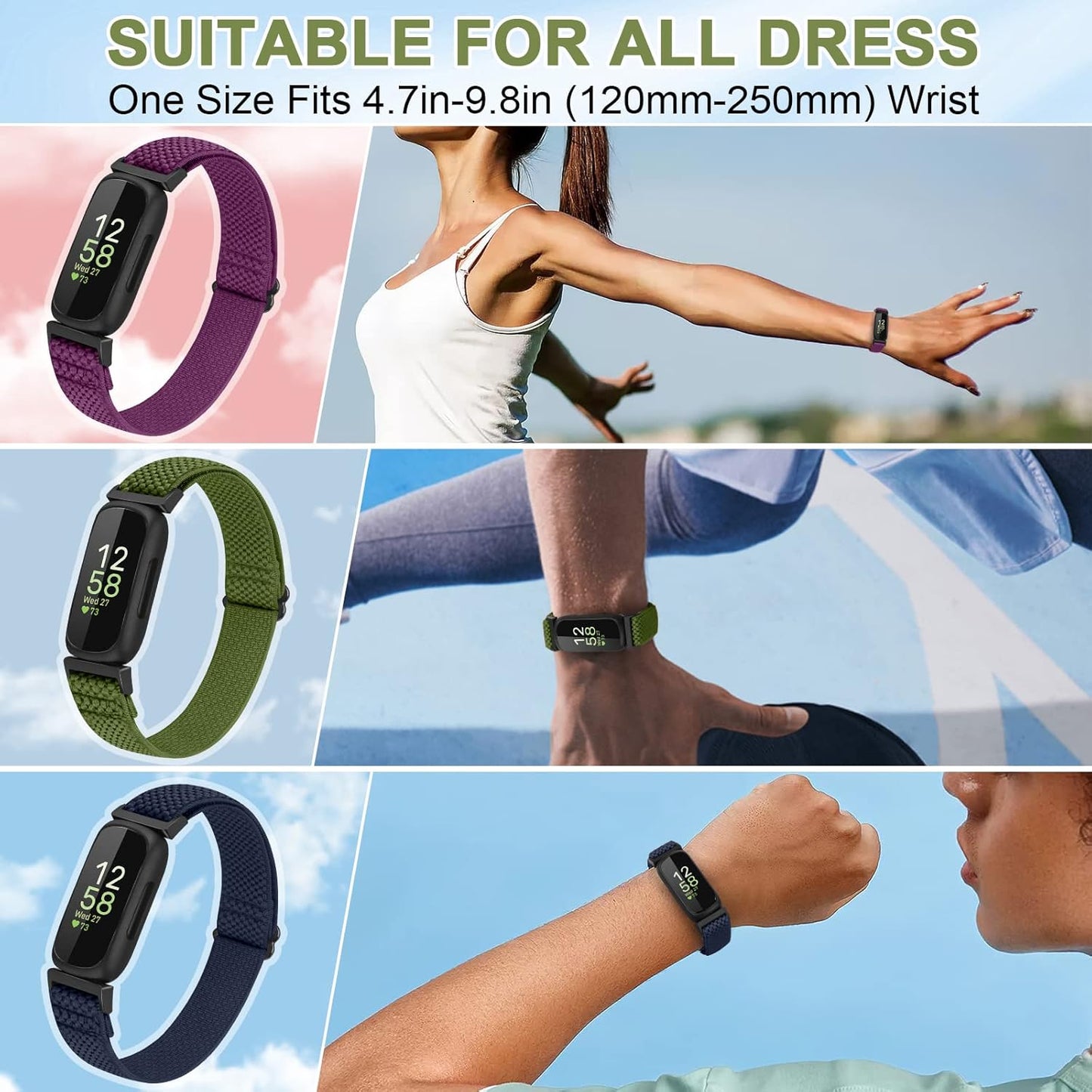 Vodtian 4-Pack Elastic Bands for Fitbit Inspire 3/2 | Adjustable Nylon Loop Straps for Men & Women