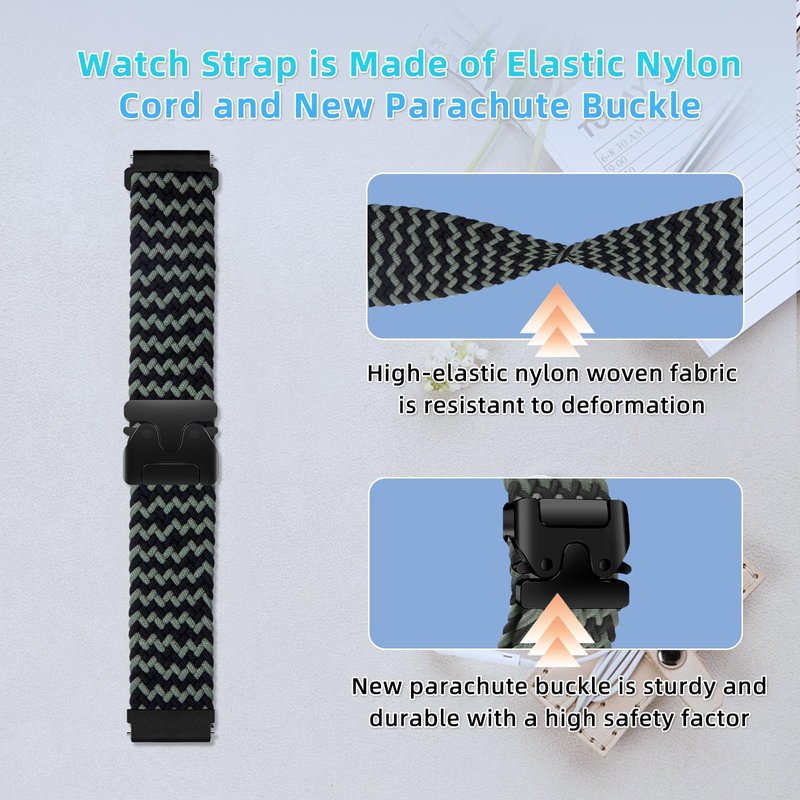 RoYiio Nylon Band for Amazfit Bip 6/Bip 5/Balance 2/GTR 4/GTR 3 Pro Bands Breathable 22mm Woven Nylon Sport Strap for Garmin Venu 4 45mm /Venu 3 /Forerunner 570 47mm /Forerunner 265 - Black Green