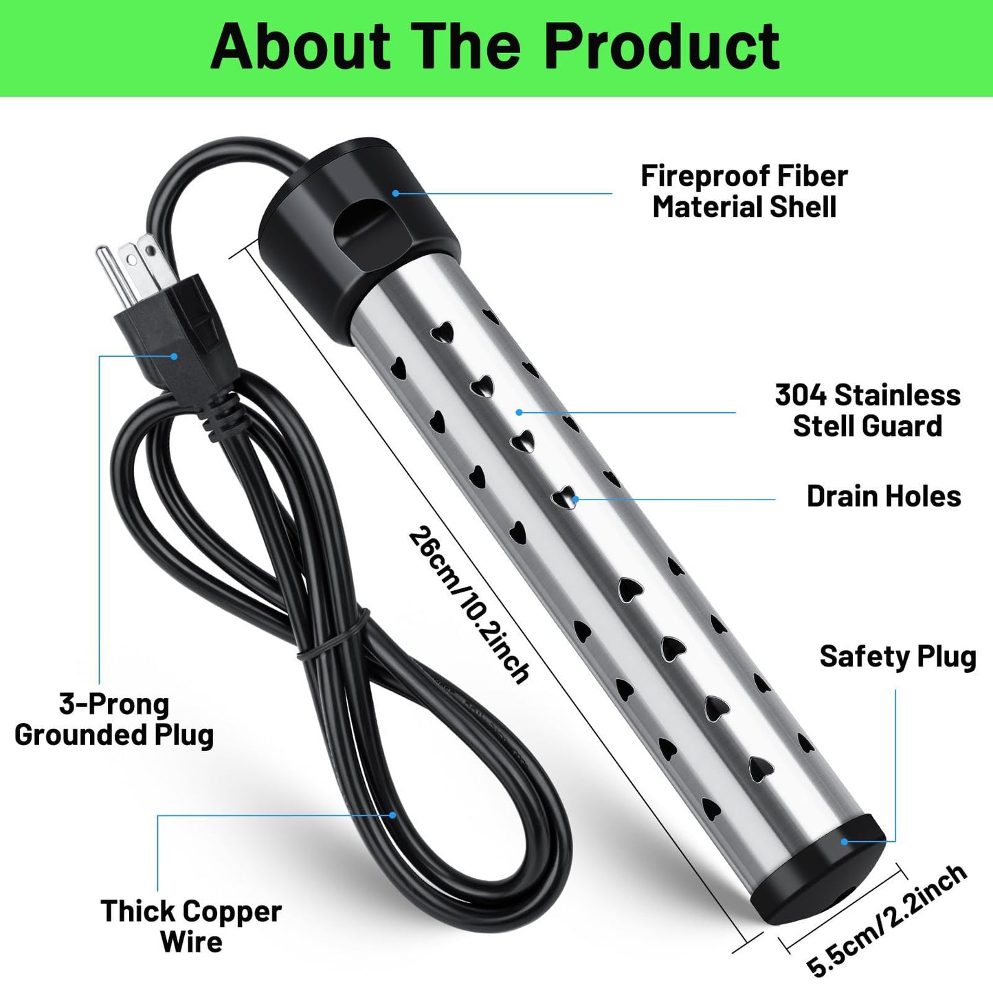 Lakkzoom Immersion Water Heater 2000W Portable Bucket Heater Stainless Steel Guard Anti-scalding Pool Heater for bathtubs,Camping,Portable Water heate Heat 5 Gallons of Water in Minutes