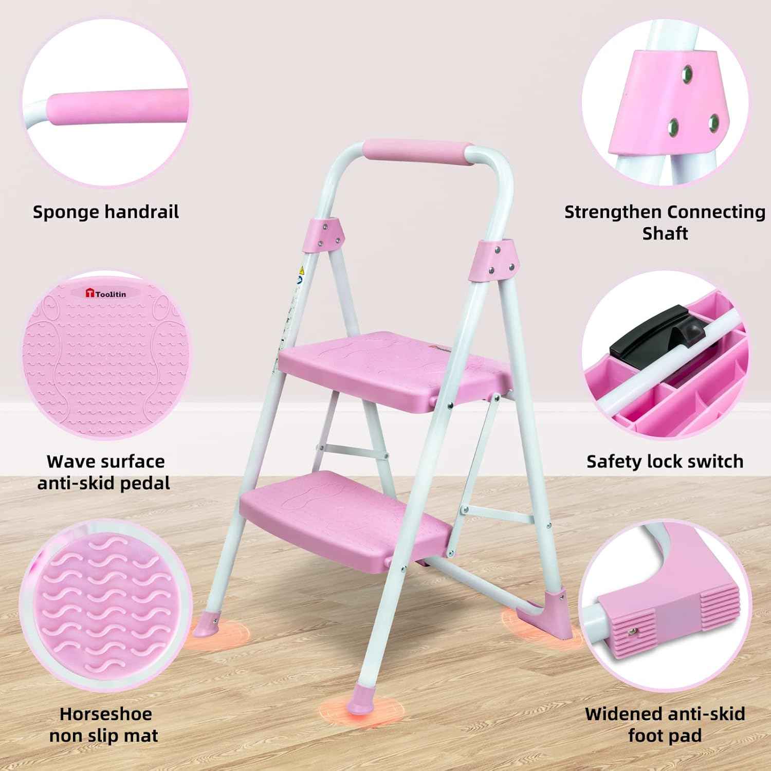 Portable 3-Step Folding Ladder - Sturdy Steel Step Stool with Anti-Slip Pedal & Handgrip, 500lbs Capacity for Home & Office