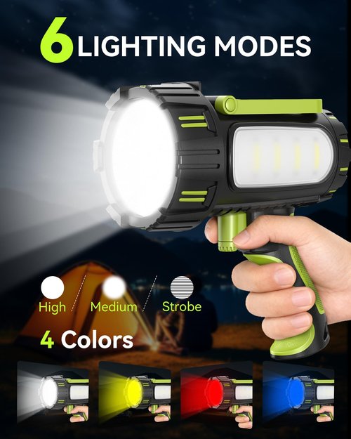 AlpsWolf Rechargeable Flashlights High Lumens, Super Bright 10000mAh Spotlight Flashlight with Built-in Stand & 3 Color Lenses, Water-Resistant LED Handheld Flashlight for Camping, Search, Emergencies