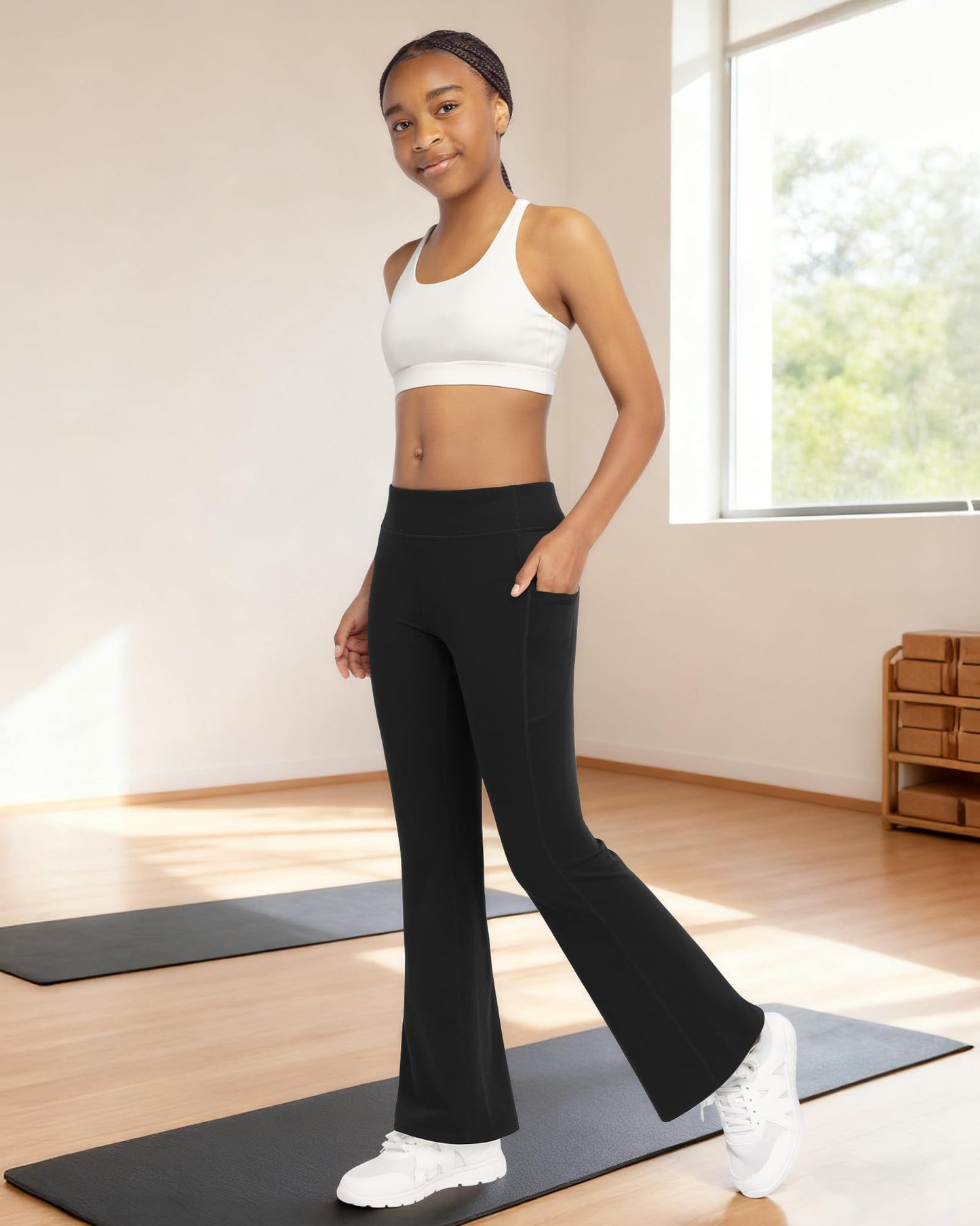 Stelle Girls Fleece Lined Flare Leggings Kids Bell Bottom with Pockets Warm Winter Athletic Yoga Pants (Black,XL)