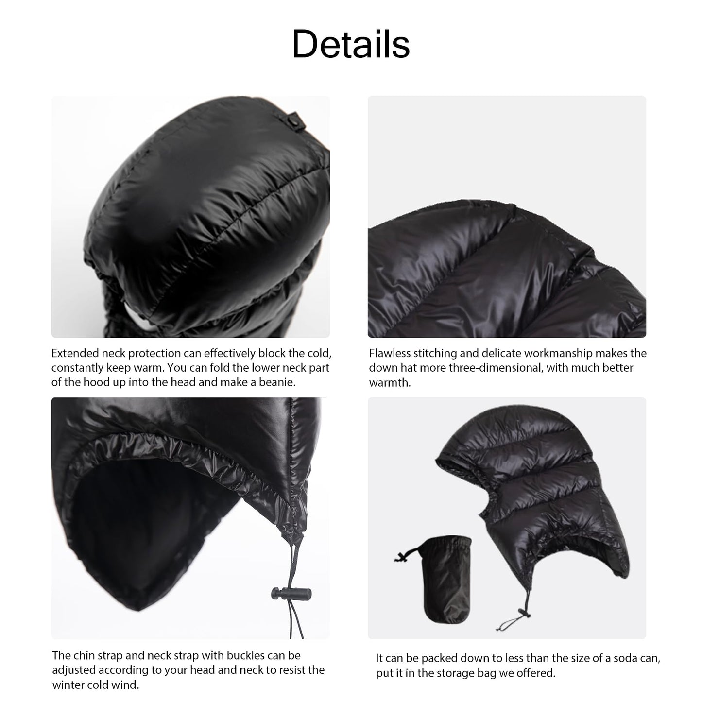 Tumjay Winter Warm Down Hood Ultralight Windproof Down Cap Outdoor Camping Waterproof Hood Hat for Hiking Skiing Cycling (Matte Black)