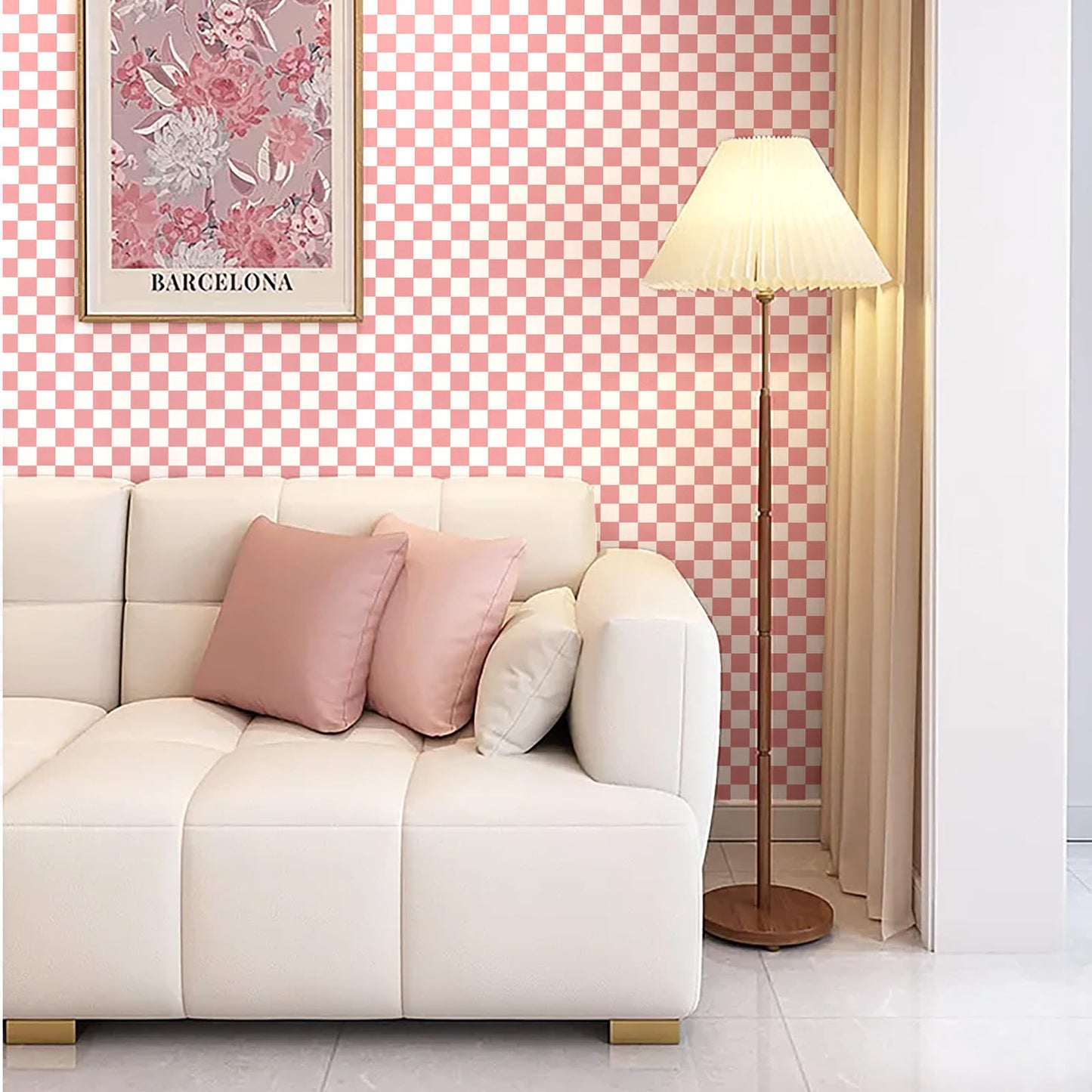 CAX Checkered Peel and Stick Wallpaper 17.3"x120" Pink and White Mosaic Checkered Contact Paper Peel and Stick Modern Self Adhesive Checkerboard Wallpaper for Bathroom Cabinets Shelf Liner Vinyl