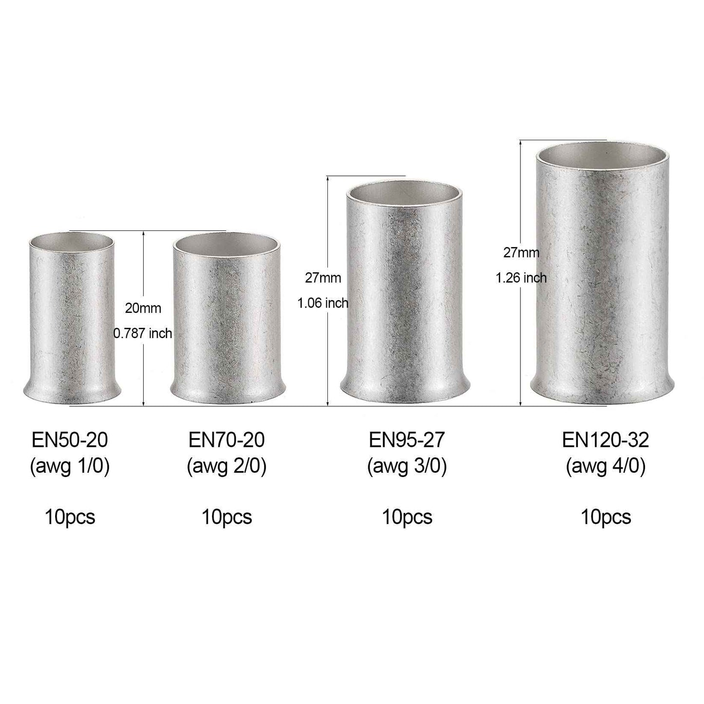 ROCKDIG 40PCS 4/0 3/0 2/0 1/0 Gauge Tinned Copper Wire Ferrules for Electrical Cable Ends Crimp Terminals Assortment Kit