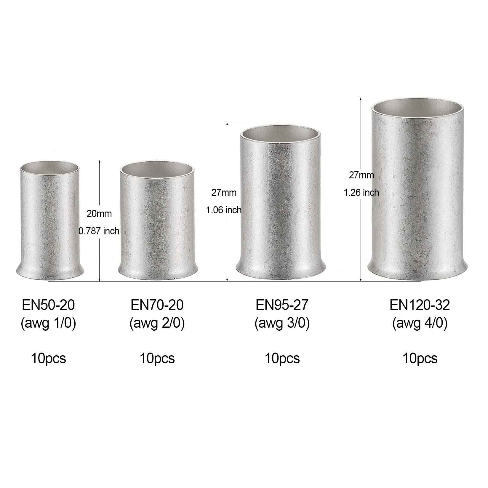 ROCKDIG 40PCS 4/0 3/0 2/0 1/0 Gauge Tinned Copper Wire Ferrules for Electrical Cable Ends Crimp Terminals Assortment Kit