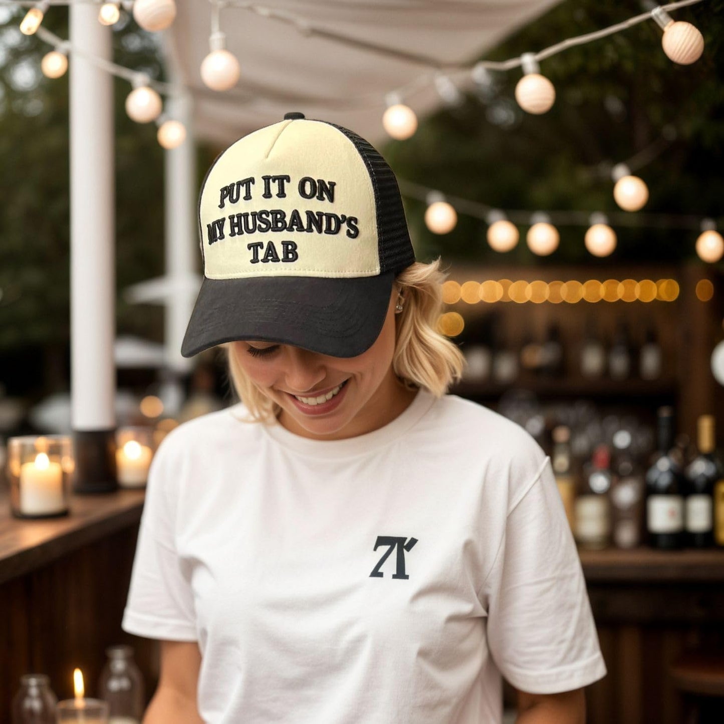 Put It On My Husband’s Tab – Funny Women’s Trucker Hat – 3D Embroidered Mesh Cap, Adjustable Snapback, Retro 5-Panel Baseball Hat