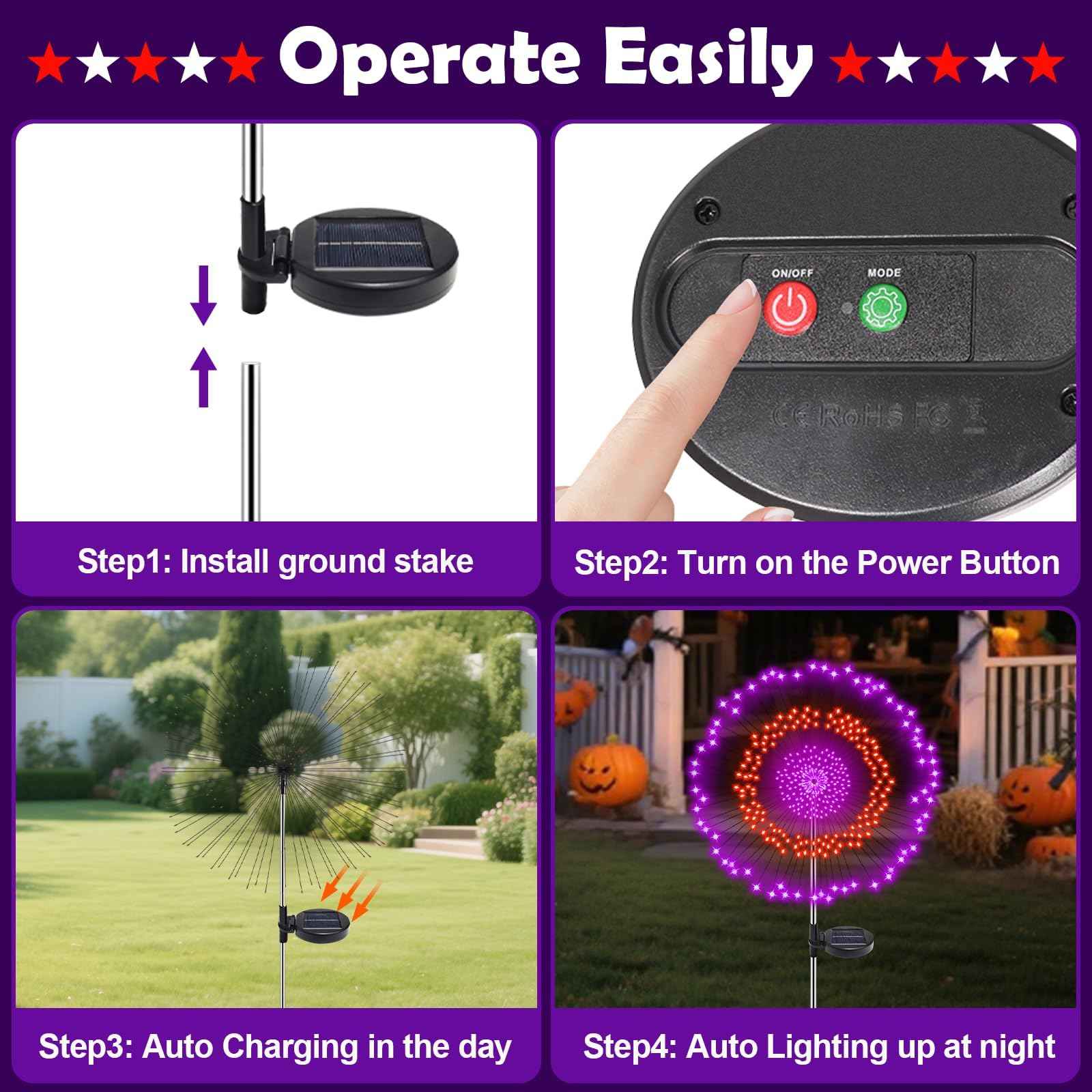 2 Pack Solar Halloween Lights Outdoor, 360 LED Orange & Purple Waterproof Solar Firework Lights with 8 Lighting Modes & Timer for Garden Yard Patio Pathway Spooky Outside Halloween Decorations