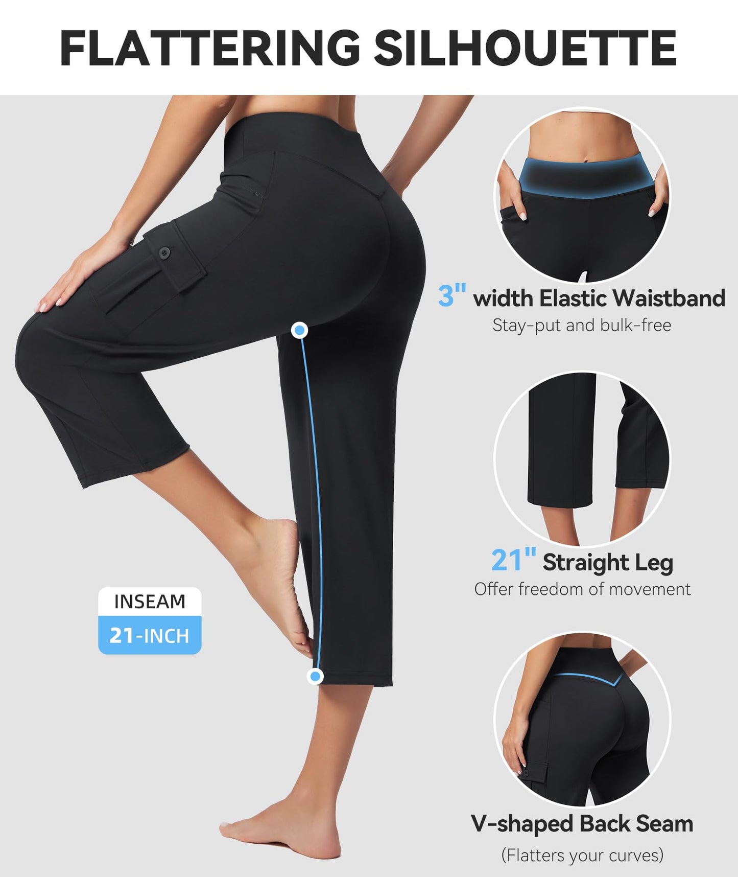 Casei Women's 21" Yoga Capris High Waisted with Pockets Cargo Capri Pants Straight Leg Casual Workout Travel Cropped Pants Black XL