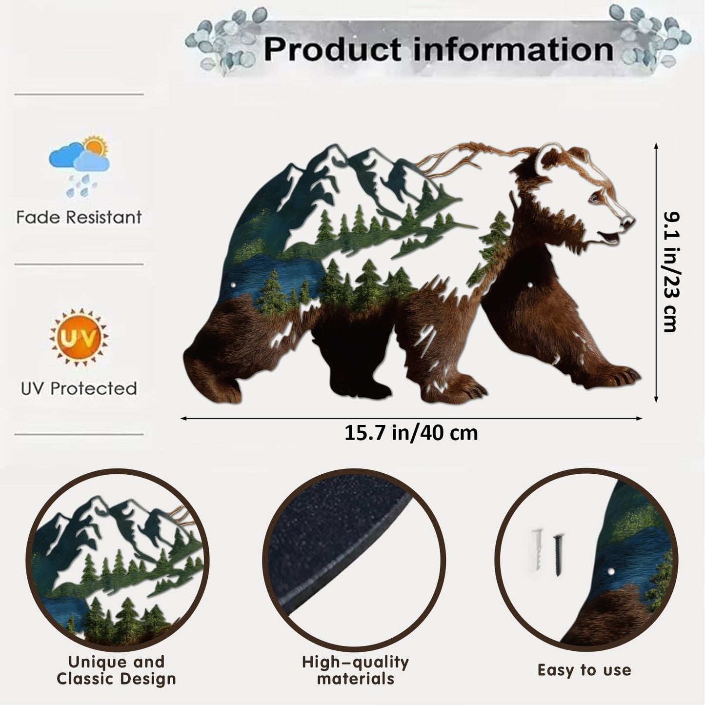 Resama Metall Bear Forest Pine Tree Wall Art Bear Peak Natural Scenery Wall Sign for Home, Wildlife Hunting Home Hanging Decorations for Living Room, Bedroom Kitchen Bathroom (Dark Brown)
