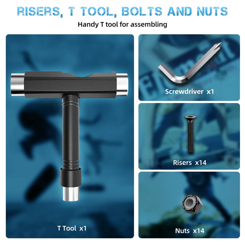 Jizmo Skateboard Trucks, High Rebound Skateboard Cruiser Wheels 60mm, Skateboard Bearings ABEC-9, Skateboard Tool, Skateboard Pads, Skateboard Hardware Combo Starter Set(Blue)