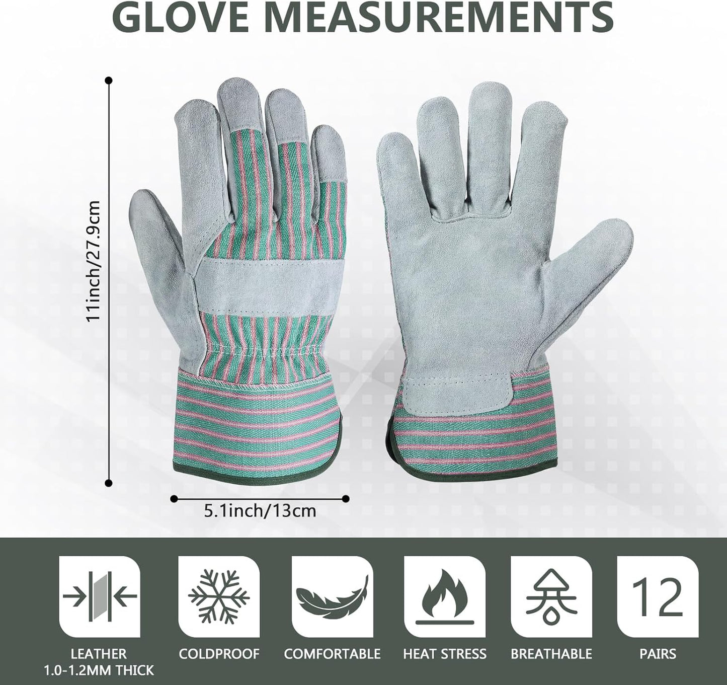 Skiennix Large Leather Work Gloves - Heavy Duty Cowhide Driver Gloves | 12 Pairs, 11 x 5.1 Inch, Safety Cuff