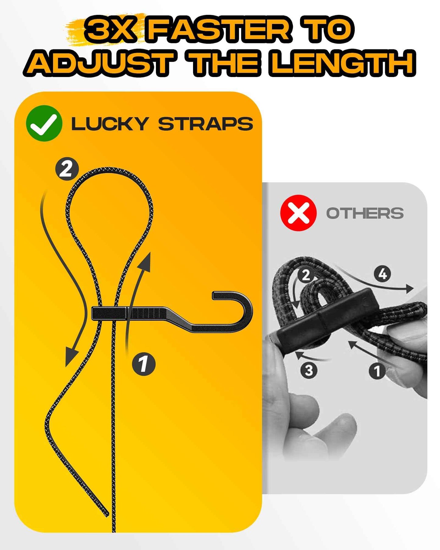 6 Pack 48" Flat Adjustable Straps with Hooks, 3X Faster to Adjust The Length, LuckyStraps Heavy Duty Bungee Straps for Cargo, Camping, Bike, Truck, Roof Rack, Motorcycle, Outdoor Use, Black