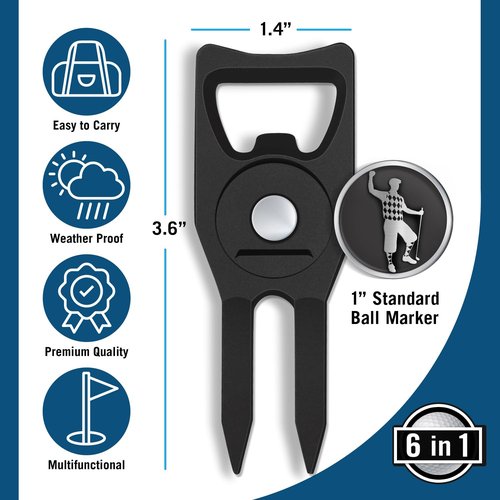 6-in-1 Golf Divot Tool with Ball Marker – Premium Multi-Tool with Bottle Opener, Club Tee, Groove Cleaner, and Putting Alignment – The Ultimate Golf Accessory for the Green – Black