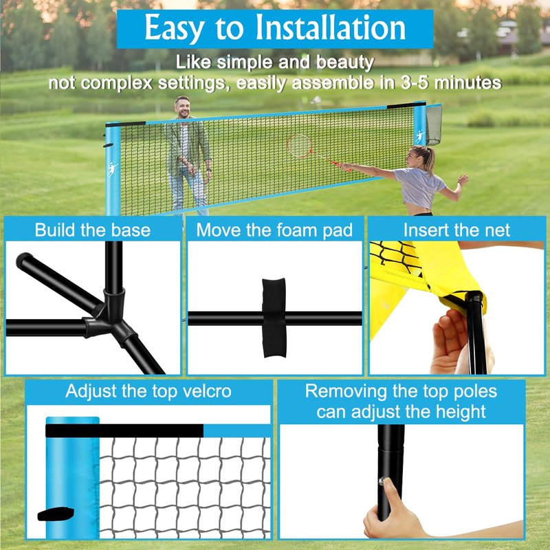 Pickleball Badminton Net Set for Backyards, All-in-One Portable Volleyball Combo Set with Adjustable Net, Volleyball Pickleball Paddles & Badminton Rackets for Indoor Outdoor