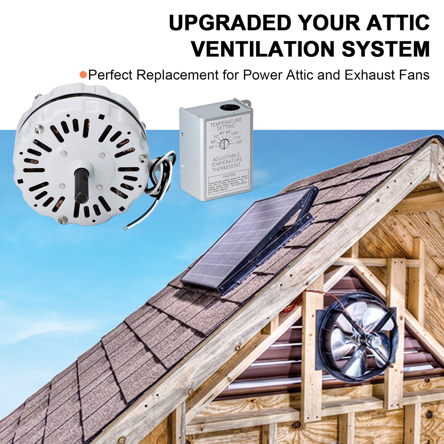 Hiorucet F0510B2944 F0510B2705 Attic Fan Motor & 120V Adjustable Thermostat Switch for Power Attic Ventilators and Exhaust Fan, F0510B2497 Motor for Lomanco 2000&1800, 58033 Temperature Controller.