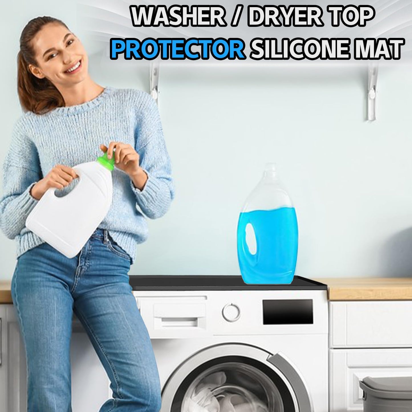 Washing Machine Cover for Top 27”x 27" Pad for Top of Washer or Dryer Protector Rubber Mat for Washing Machine Accessories Non Slip Waterproof Washable (Black)