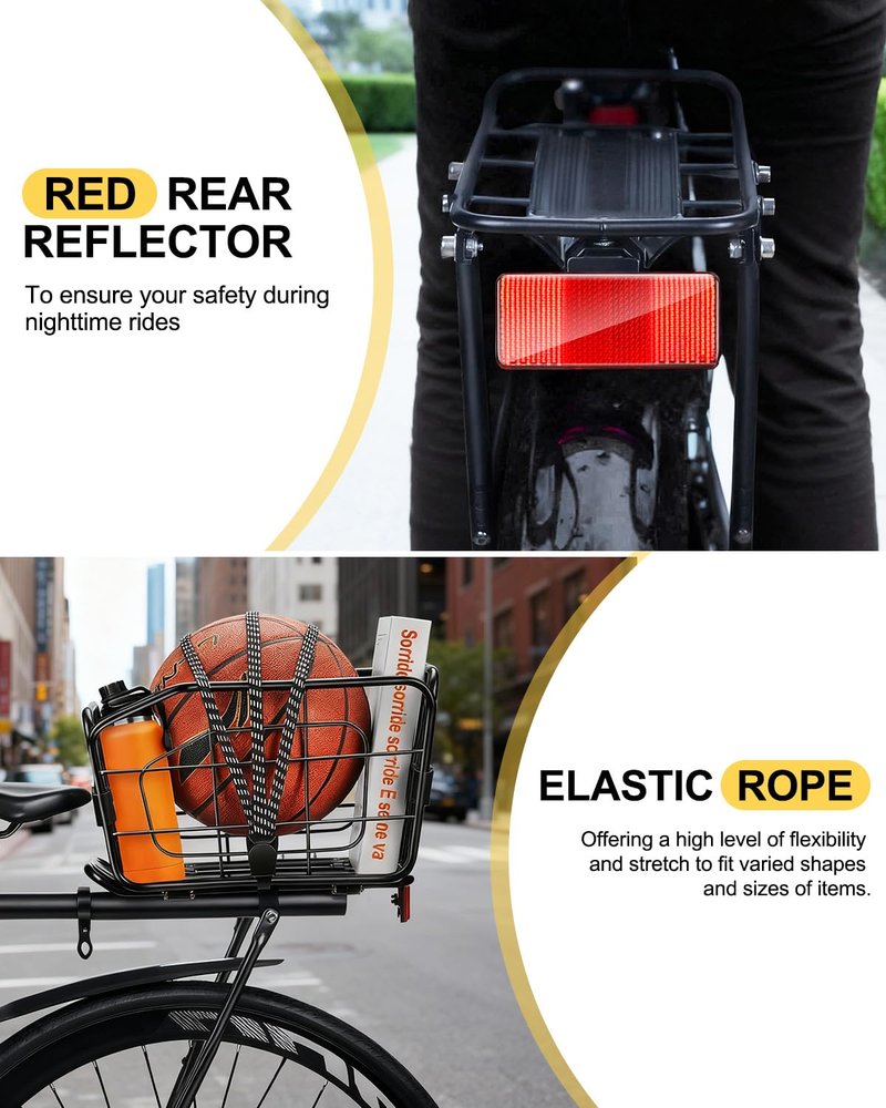 EQIIO Rear Bike Rack with Foldable Basket – 22L, Quick Release Bike Cargo Rack Aluminum Alloy & 165LB Load, Adjustable Bicycle Rack with Reflector & Installation Tool & Free Bungee Cord, Waterproof