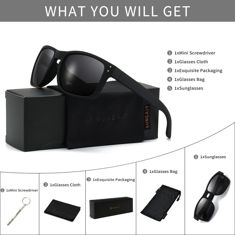 SUNGAIT Polarized Sports Sunglasses for Men Women: Black Retro Square Shades UV400 for Driving Fishing Cycling Running Golf