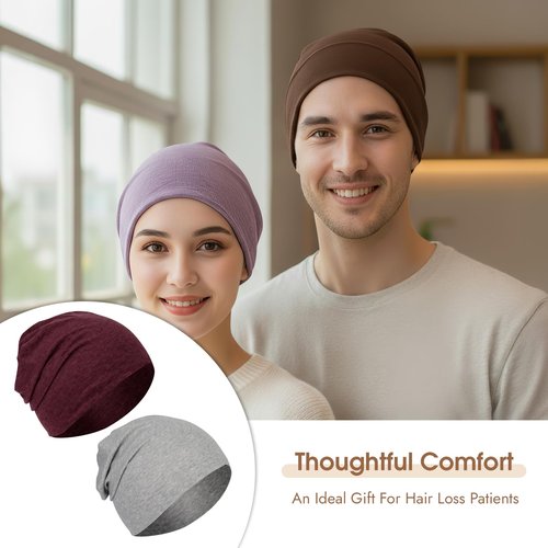 BEVTEE Beanie for Men, Slouchy Beanie Hats for Women 4 Pairs, Cotton Skull Caps Lightweight Slouchy, for Winter, Running, Camping, Chemo, Daily Wear(Burgundy + Heather Grey + Denim Blue + Black)