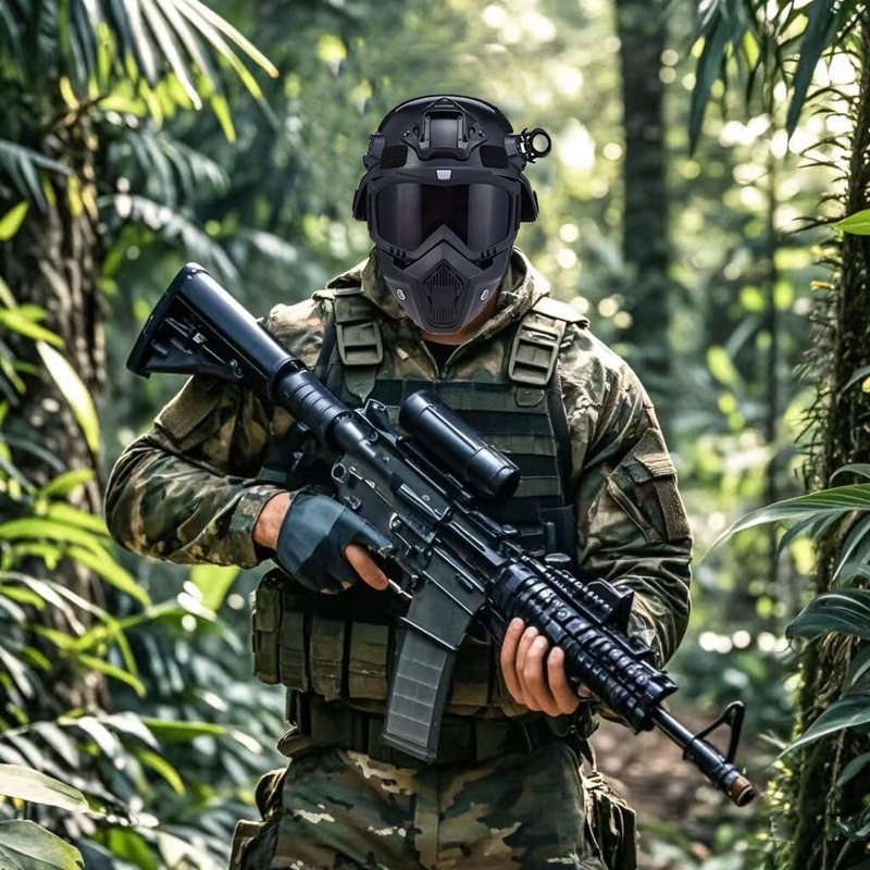 Airsoft Tactical Helmet Full Face Mask with Detachable Goggles, Military Paintball Helmet with Adjustable Strap, NVG Mount & Side Rail, Protective Gear for Tactical Sports