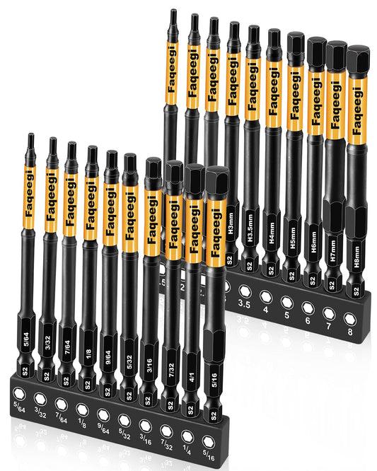 Faqeegi 20PCS 4" Hex Bit Set (Metric & SAE), High-Torque Resistant Impact Allen Wrench Bits, Premium S2 Steel 1/4" Hex-Shank, Magnetic CNC Tips for Drill & Driver