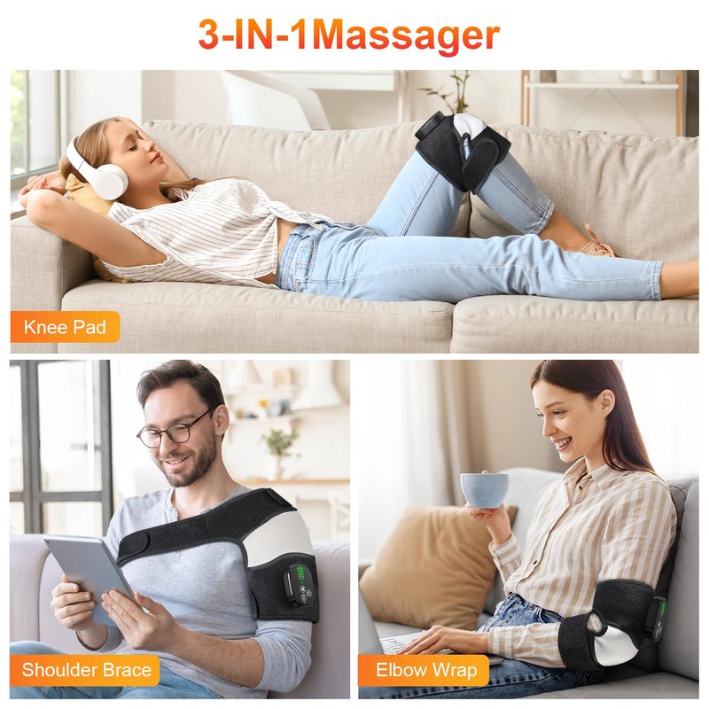 YUANBO Heated Knee Massager with 6 Timer, 3 in 1 Cordless Knee Heating Pad Brace Wrap for Elbow Shoulder Knee Relaxation with 3 Vibration & 6 Heating Modes