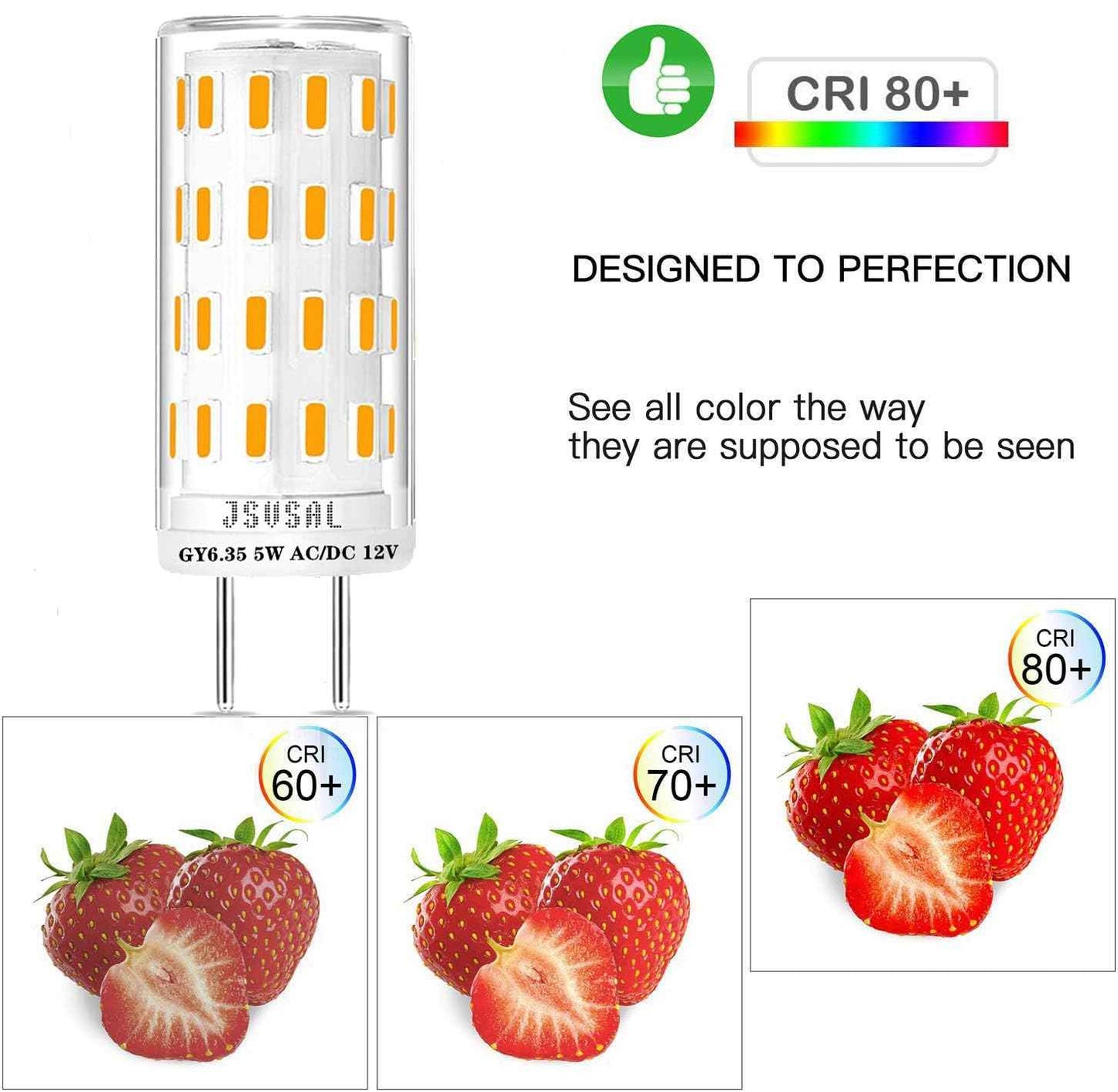 JSVSAL GY6.35 LED Bulb Dimmable,T4 JC Type GY6.35/G6.35 Bi-pin Base,AC/DC 12V Warm White 2700K 5W Equivalent to 40-50W Halogen Bulb for Pendant Light,Chandelier,Desk Light,Landscape Lighting,6-Pack