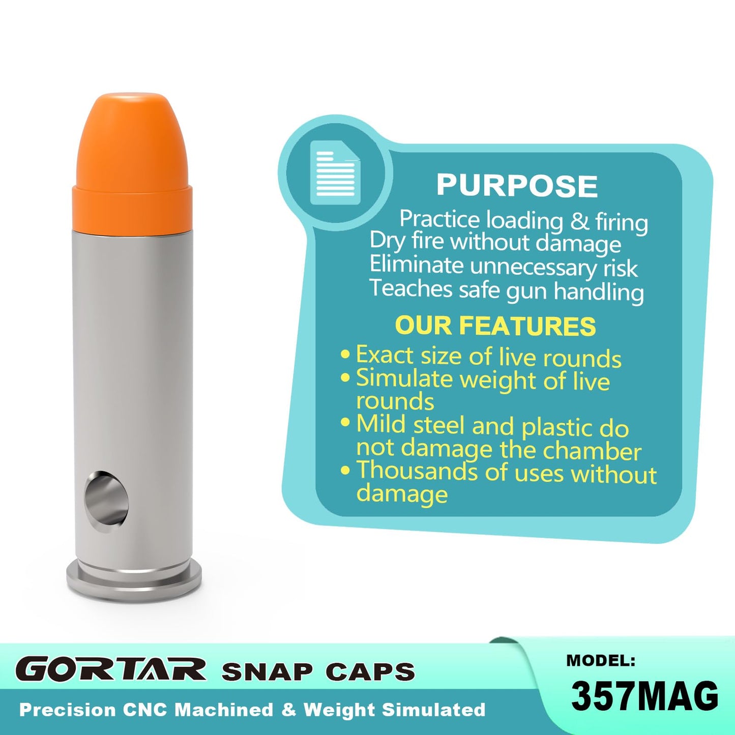 GORTAR 357 MAG Snap Caps Training Dummy Rounds Practice Safe Loading Firing Close to Real Weight -10 Pcs