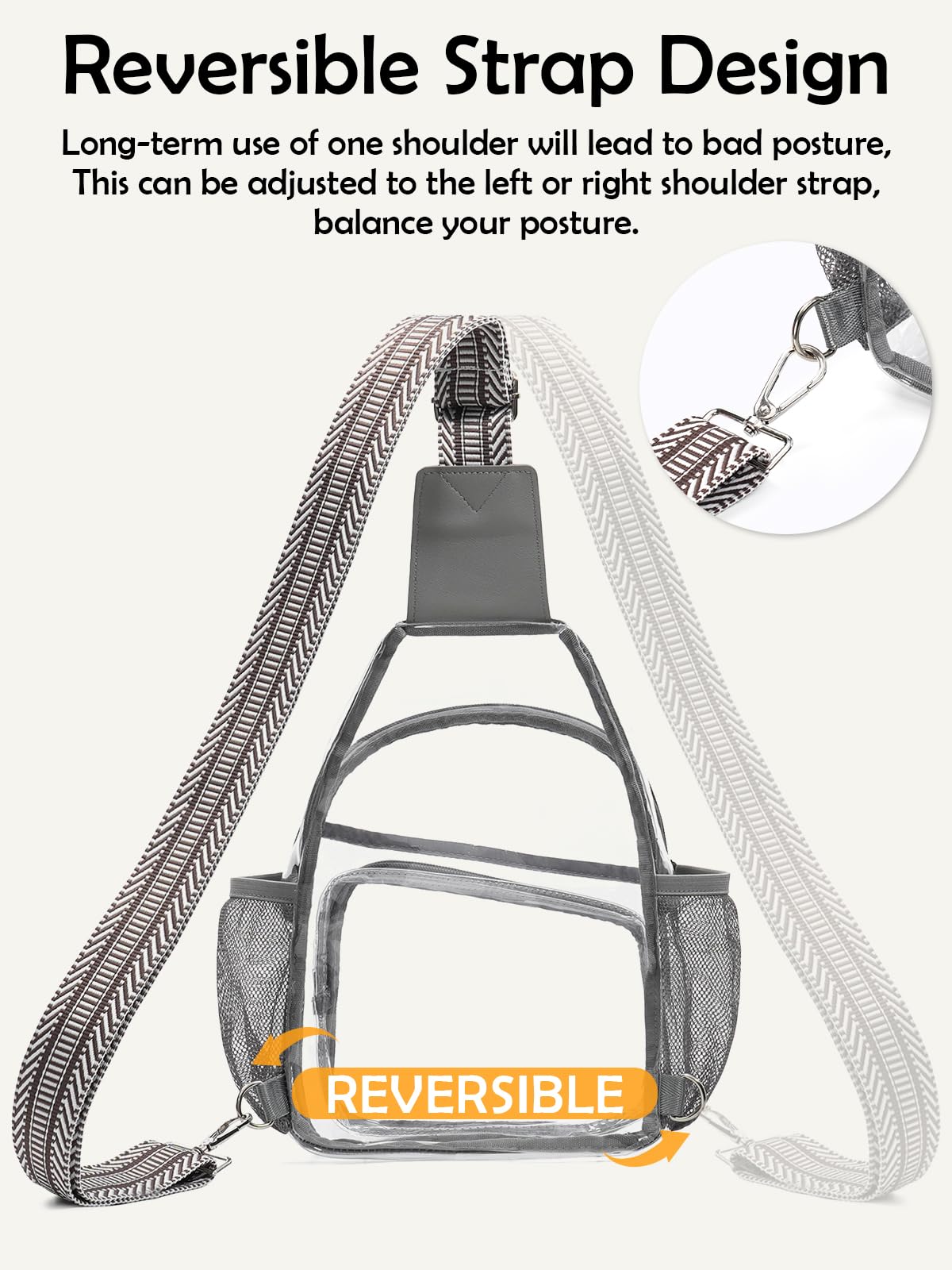 QOECI Clear Bag for Stadium Events, Clear Purses for Women Men, Large Stadium Bag with Water Bottle Holders, See Through Sling Backpack For Concert Sport Gym Travel, Light Grey