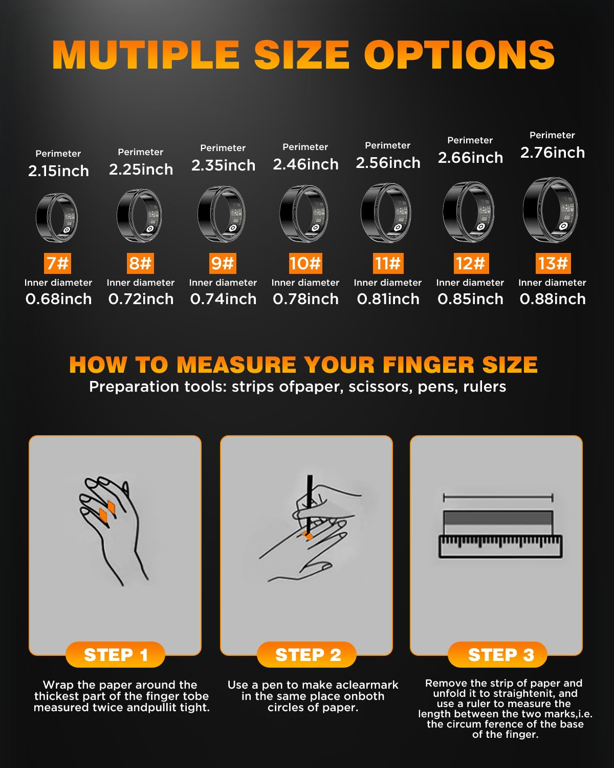 Smart Ring Health Tracker with Charging Case,Sleep,Heart Rate & Blood Oxygen Monitor, 5ATM+IP68 Waterproof Fitness Ring, No Subscription,5-7Day Battery,iOS & Android Compatible for Men Women Black 8#