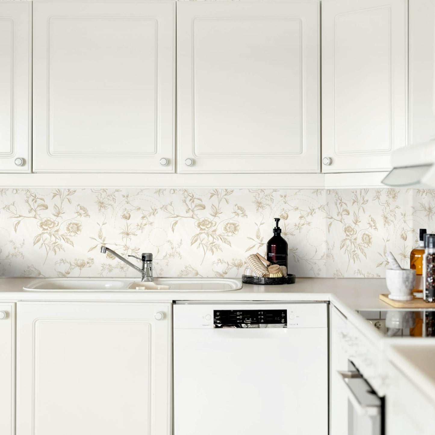 Ismoon Peel and Stick Wallpaper Floral Vintage Stick on Wall Paper Beige French Textured Contact Paper for Cabinet Removable Self Adhesive Wallpaper Vinyl Roll Shelf Deco, 17.3x78.7in