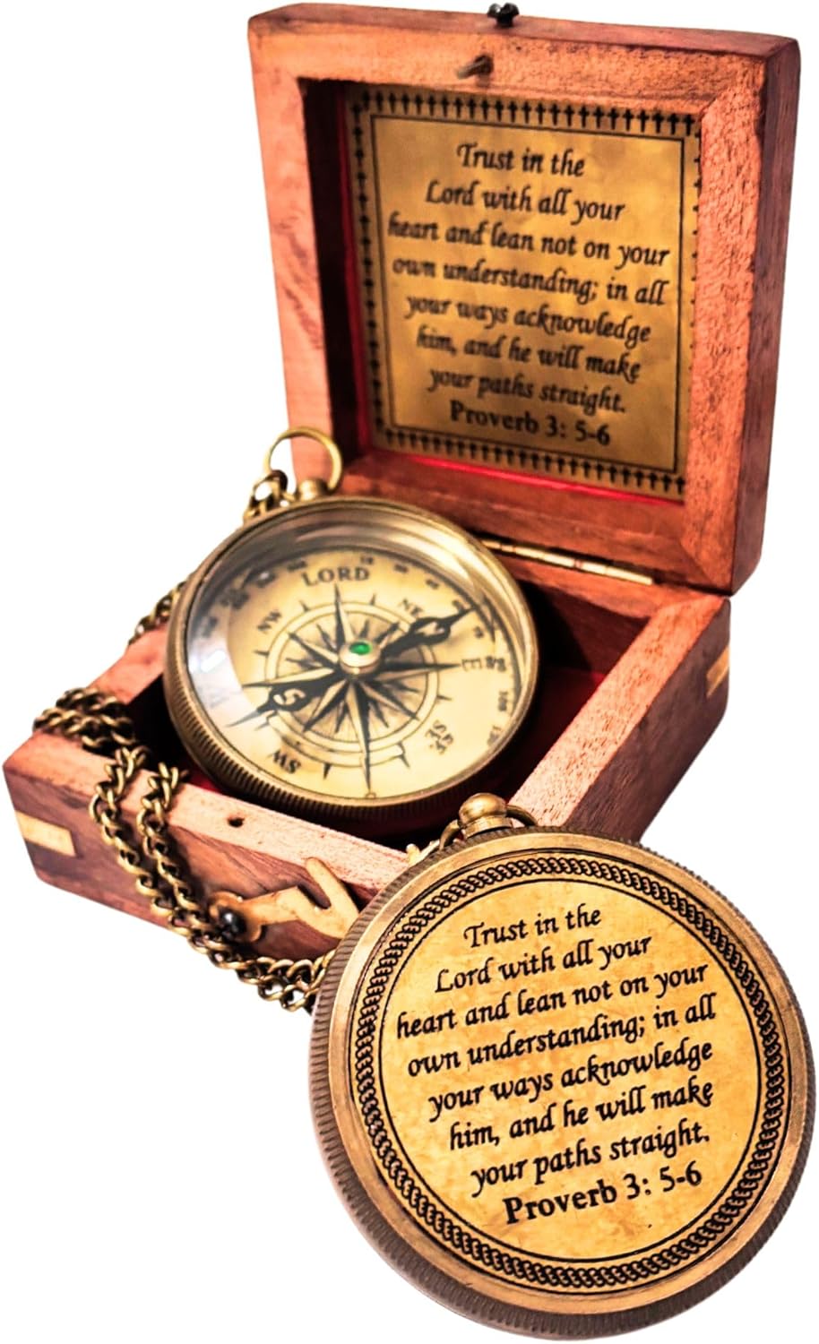 Trust In The Lord - Proverbs 3:5-6 Engraved Compass | Inspirational Gift in Wood Box for Men & Boys