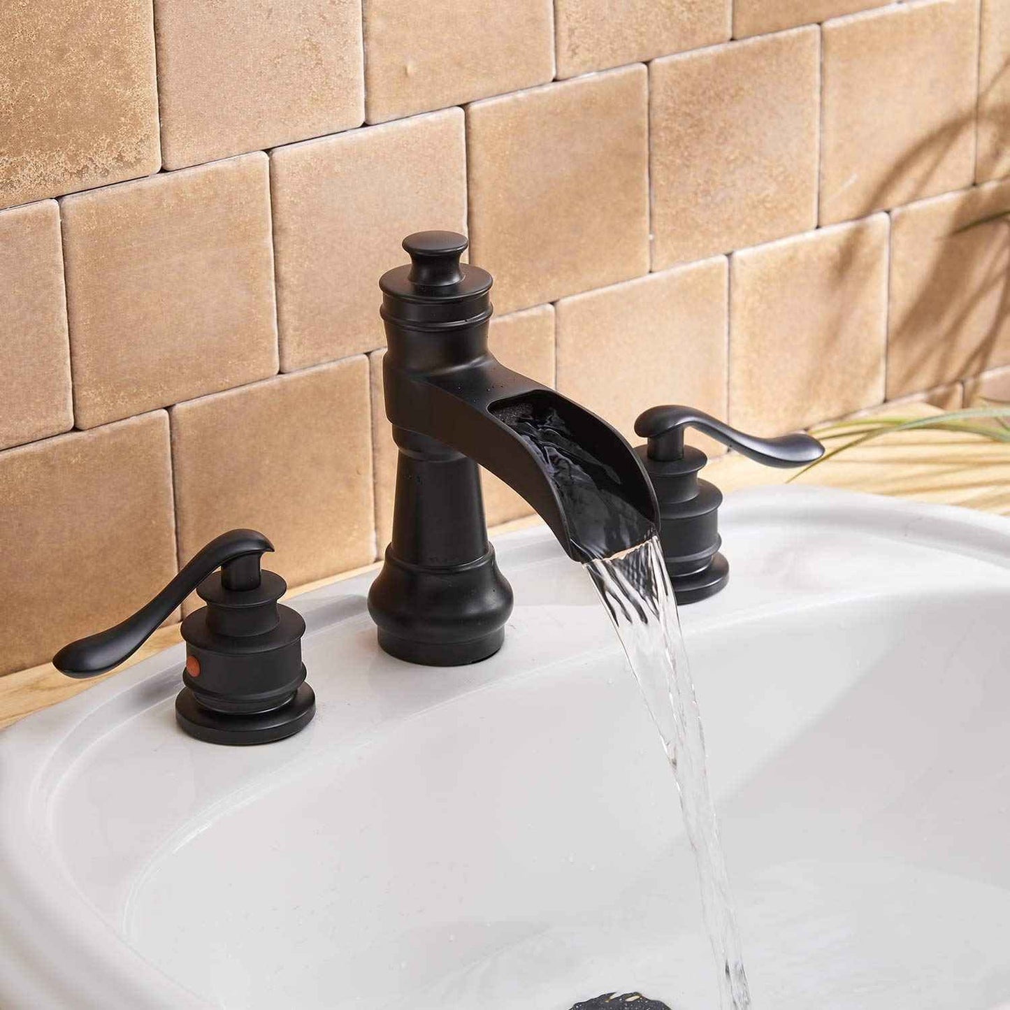 Bathfinesse 3 Hole Black Bathroom Sink Faucet 8 Inch Two Handles Widespread Waterfall Farmhouse with Pop Up Drain Assembly Stopper Supply Lines Hose Lead-Free
