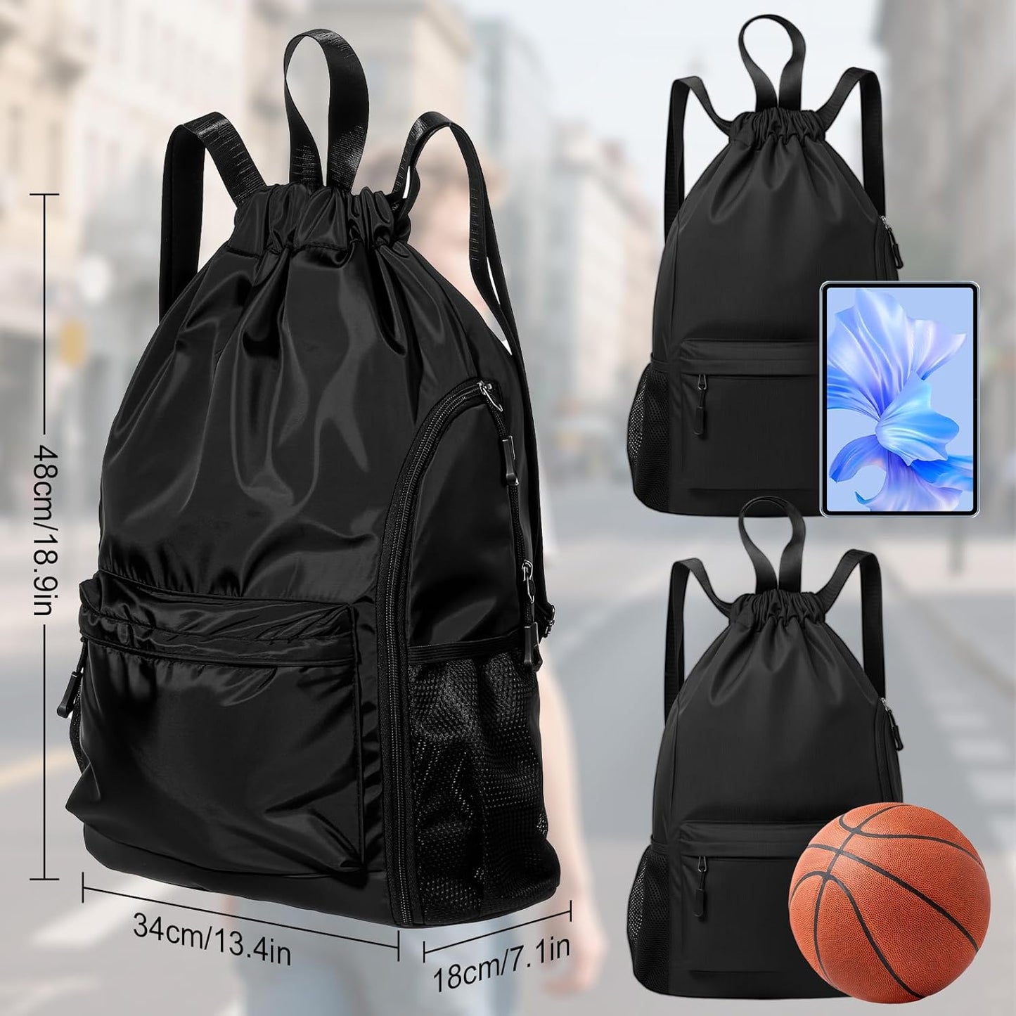 Skiennix Black Basketball Drawstring Backpack - X-Large Waterproof Gym Bag | Sports Bag with Mesh Pocket for Men & Women