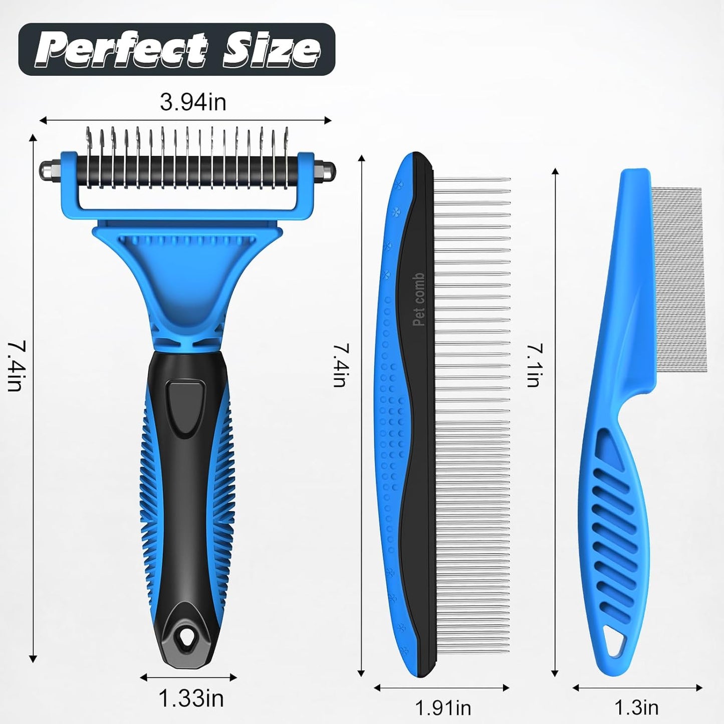 Skiennix Pet Grooming Tool Set - 3PCS Double-Sided Rake, Metal Comb & Flea Comb for Cats & Dogs | Blue