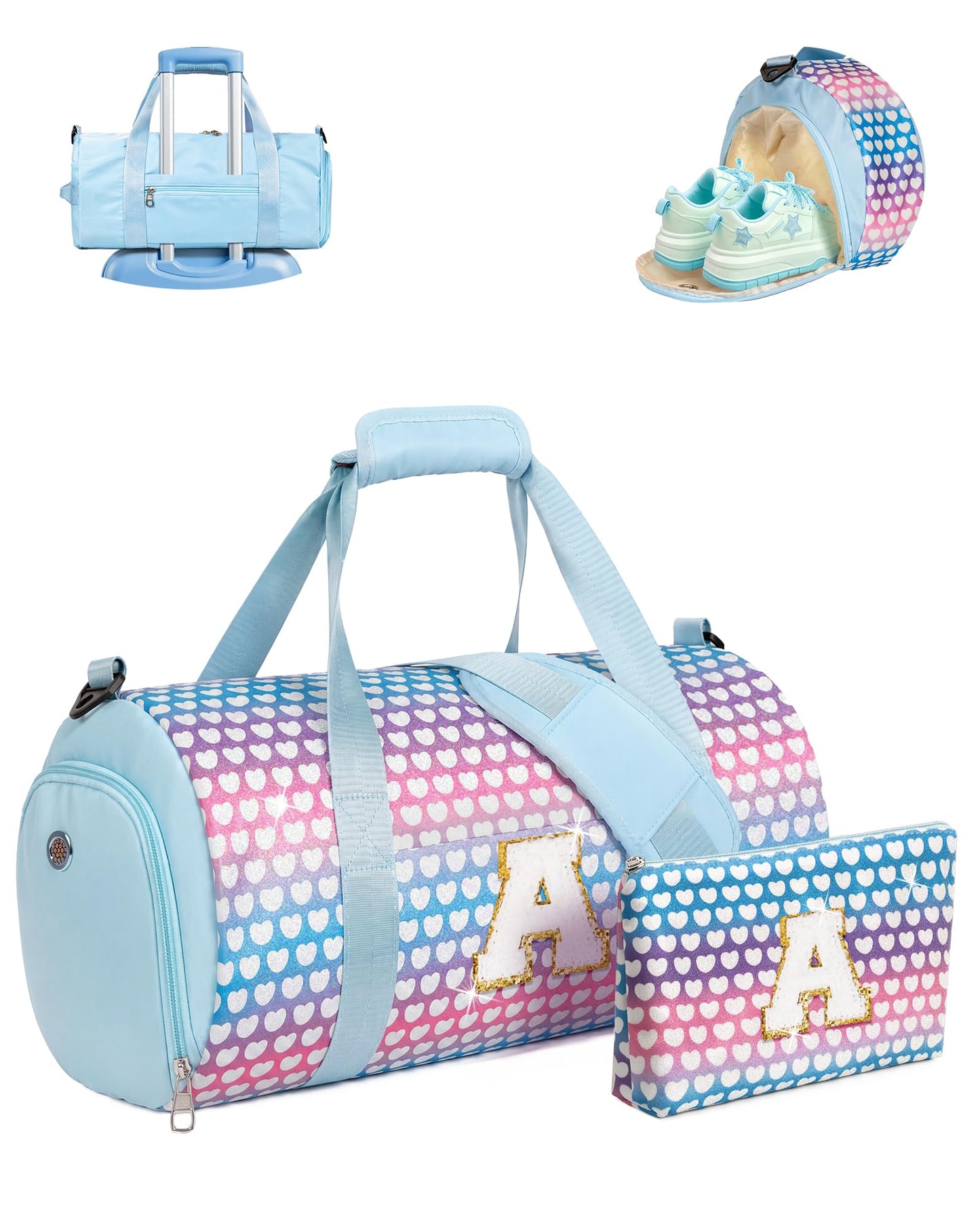 Vogewood Birthday Gift for 3 4 5 6 7 8 9 10 Year Old Girls, Girl Travel Duffle Bag with Makeup Pouch, Initial Kids Overnight Bag with Shoe Compartment, Dance Recital Gifts for Girls (Letter A)