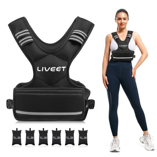 Liveet Adjustable Weighted Vest for Women Men, 4-10lb Weight Vest with 6 Ironsand Bags, Running Vest with Reflective Strips Adjustable Buckle Straps for Walking Strength Training