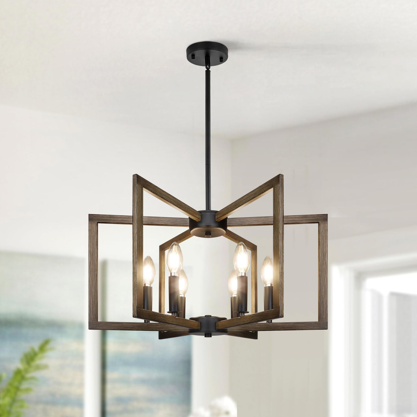6-Light Kitchen Island Pendant Lights，Modern Farmhouse Kitchen Ideas Light Fixture，Industrial Hanging Chandelier for Dining Room，Wood Grain Finish and Black Chandelier for Foyer