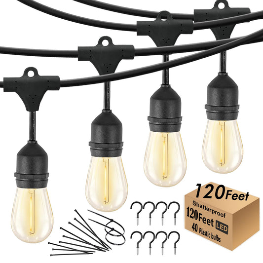 120 FT Outdoor String Lights LED Waterproof with 40 Shatterproof Plastic Warm Edison Bulbs String Bistro Lights for Patio Gazebo Pergola Market