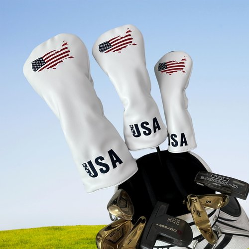 USA Golf Club Covers Set,Driver Headcover Hybrid Headcover and Fairway Wood Head Covers, Premium PU Leather White Golf Head Covers for Woods and Driver,Golf Gifts for Men Golfers