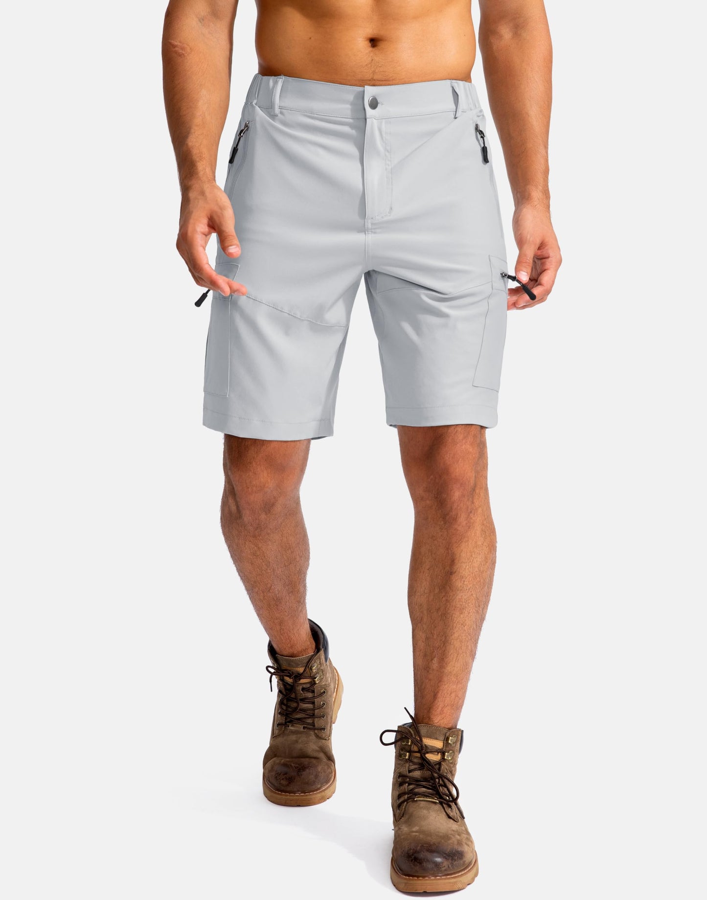 Pudolla Men's Hiking Cargo Shorts 9" Lightweight Outdoor Work Shorts for Men Travel Golf Camping Casual with 5 Zipper Pockets(Bright Grey Small)