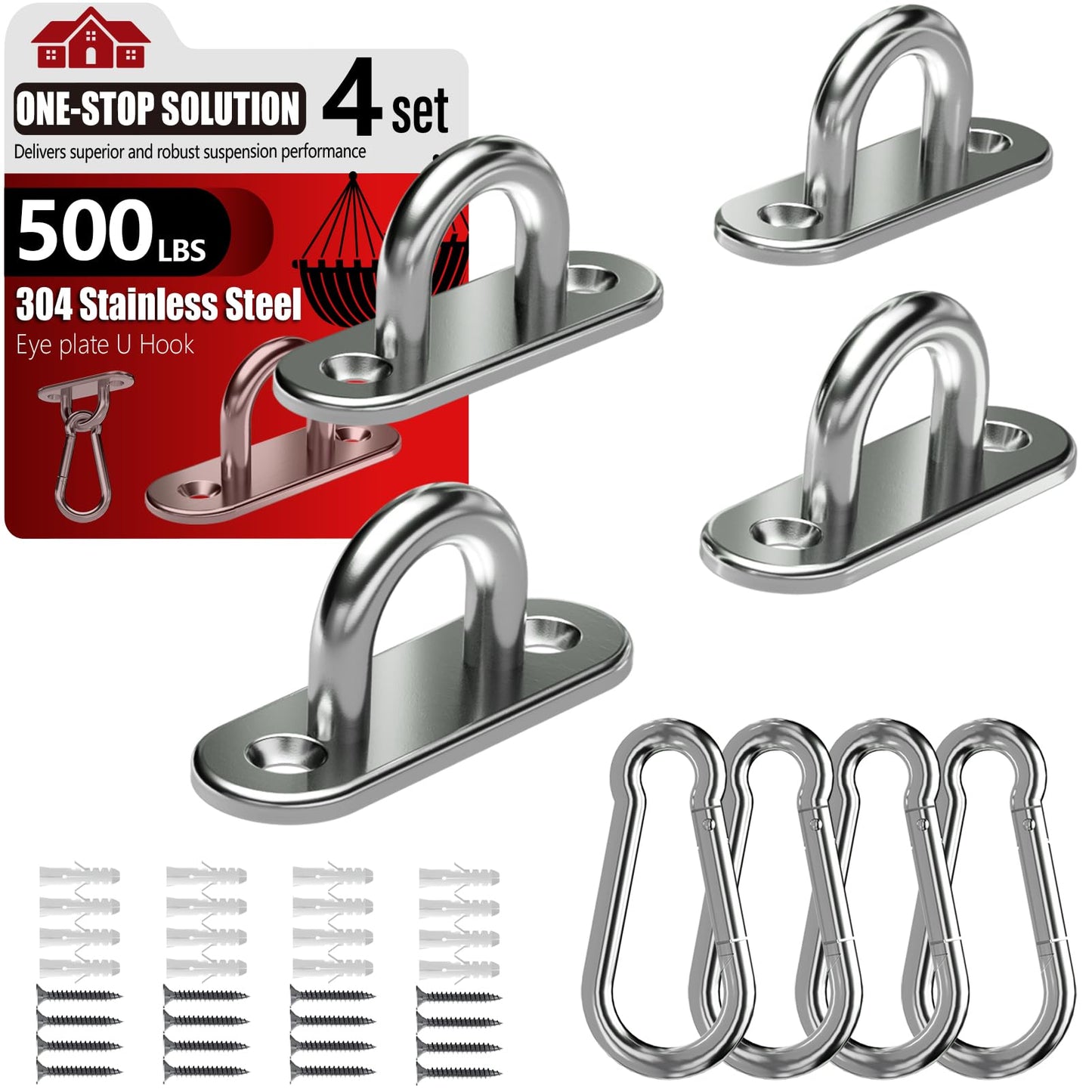 sprookber 304 Stainless Steel Pad Eye Snap Hooks, M5 Heavy Duty Ceiling Hooks, 500 lb Capacity Hammock Swing Hanging kit, Plant Hangers, Marine Hardware Staple Hook Loop with Screws, Set of 8