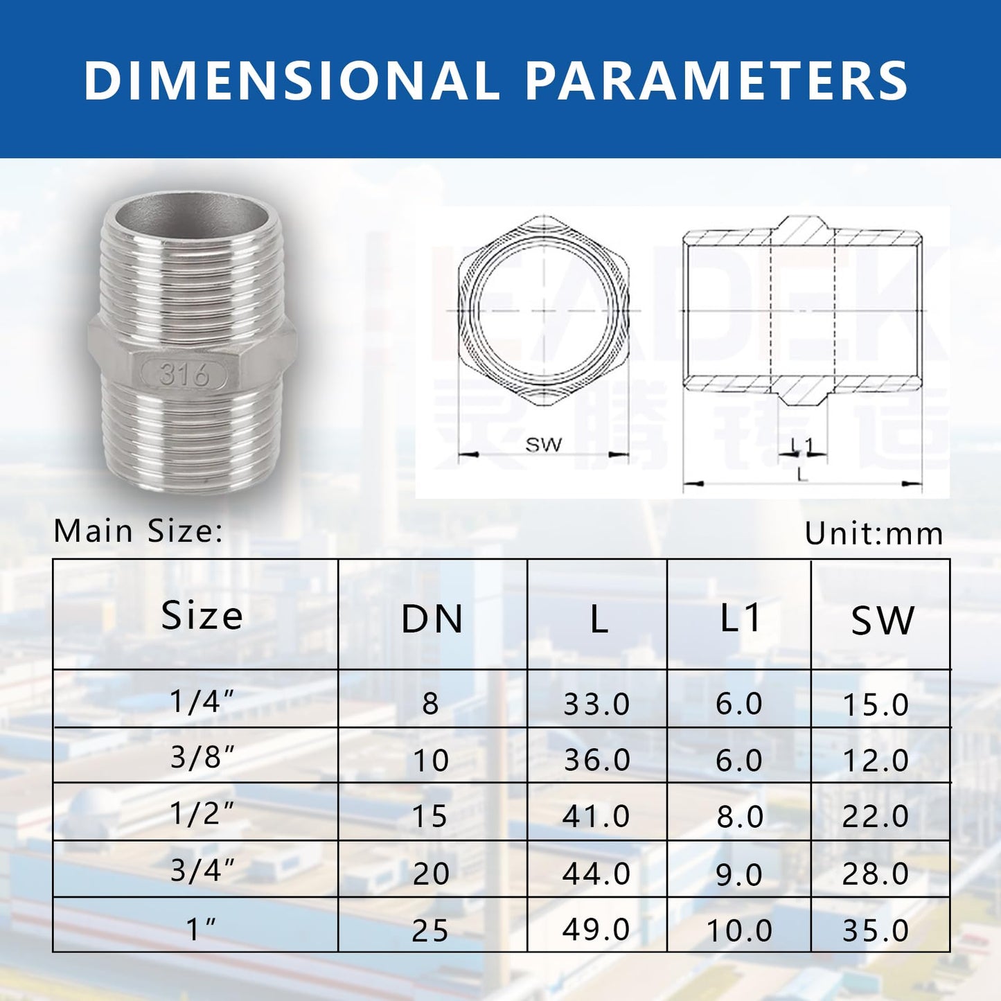 1/2" Male to 1/2" Male Hex Nipple Adapter, 316 Stainless Steel 1/2 Inch NPT Threaded Pipe Fitting, Heavy Duty Coupling for Plumbing Systems, Oil, Gas & Steam (2-Pack)