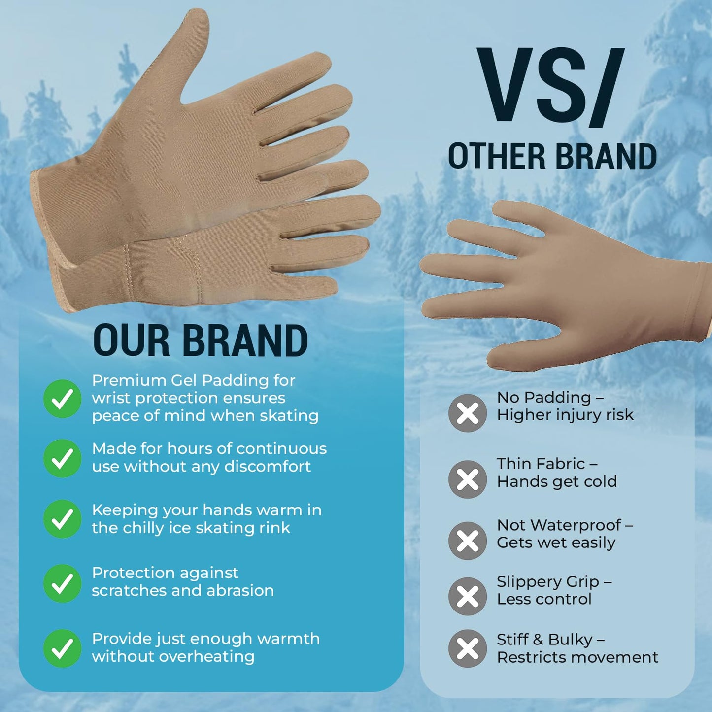 Kami-So Figure Skating Gloves | Ice Skating Accessories | Gel Wrist Protection | Thermal Padded Wear | Skate Accessories for Practice, Skate Outfit, Nude Gloves - Large, Beige (Waterproof)