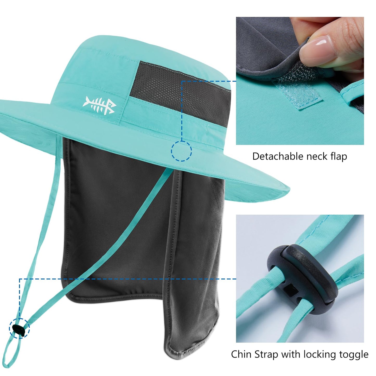 BASSDASH UPF 50+ Sun Fishing Hat Water Resistant with Detachable Neck Flap Turquoise
