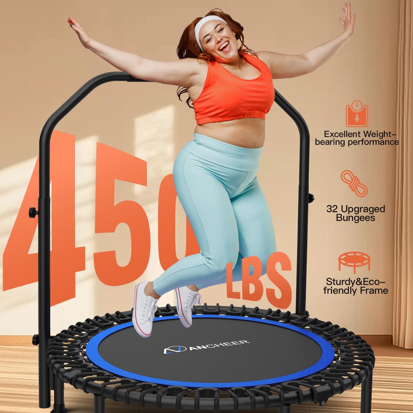 ANCHEER 40" Foldable Rebounder Trampoline for Adults/Kids with Resistance Bands and Bungees, Fitness Home, Indoor & Outdoor Mini Trampoline with Bar and Safety Padding - Max Load 330lbs (Blue)