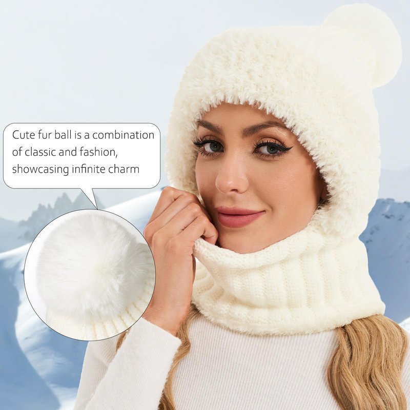 Sumolux 3 in 1 Beanie Hats for Women Fleece Lined Scarf and Mask Outdoors Windproof Knitted Ski Mask Set White